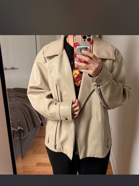 Beige Faux Leather Moto Jacket - Women's Coat